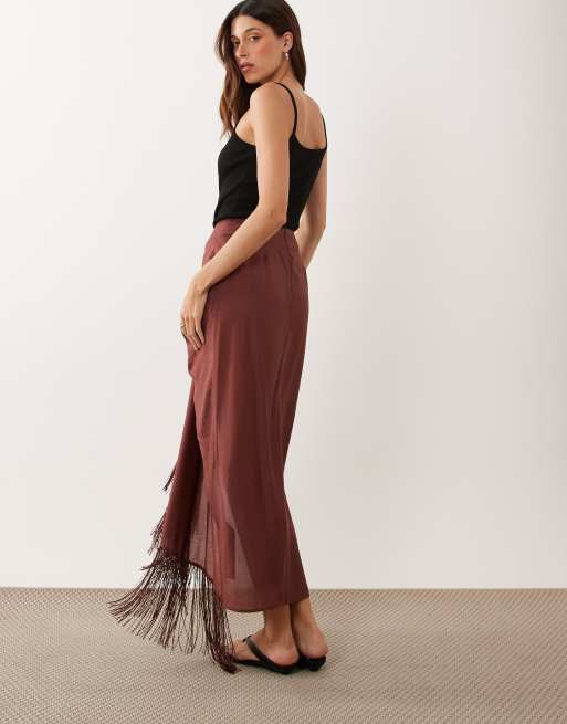 ASOS DESIGN sarong detail fringe co-ord maxi skirt in brown, 5 of 5