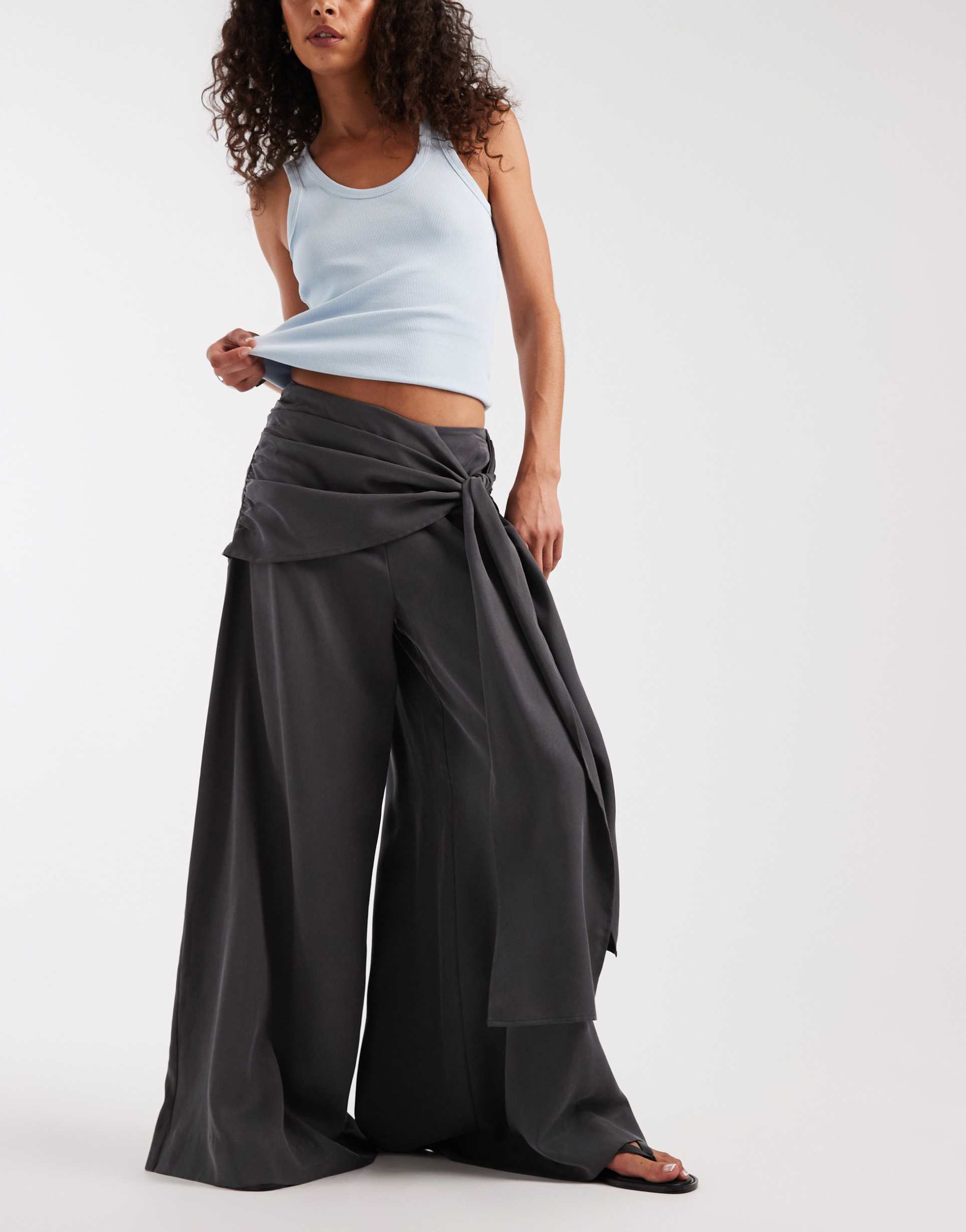 asos design sarong detail wide leg pants in charcoal