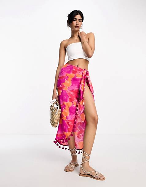 1 World Sarongs Tropical Floral Sarong in Purple  Beach Cover-Up Wrap Skirt 