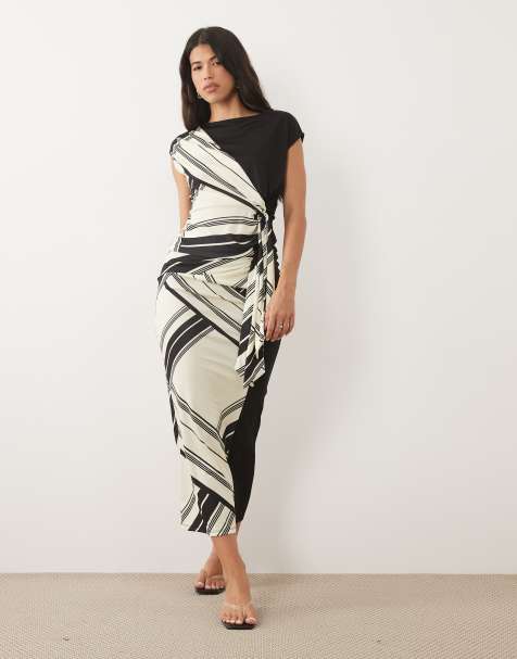 ASOS DESIGN – Sarong-Rock in kontrastierendem Schwarz-Weiß-Streifenmuster mit drapiertem Bindedetail vorne, Kombiteil - view 1