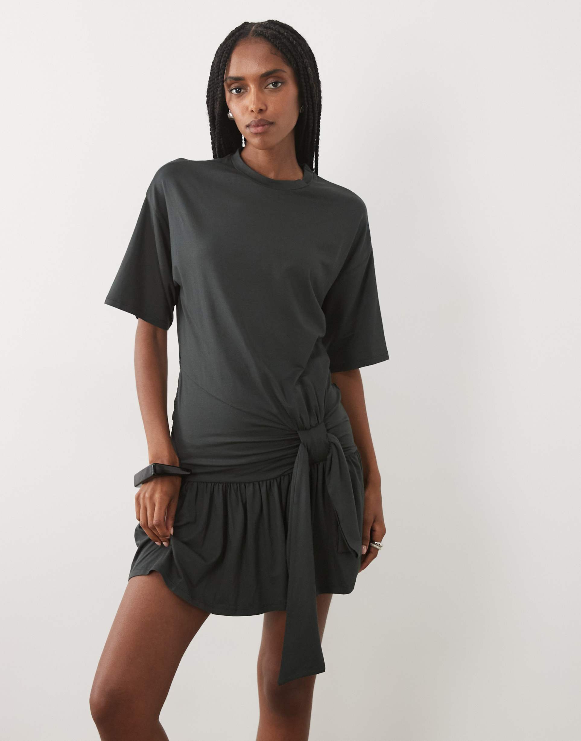 asos design sarong style t-shirt dress with frill hem in khaki green