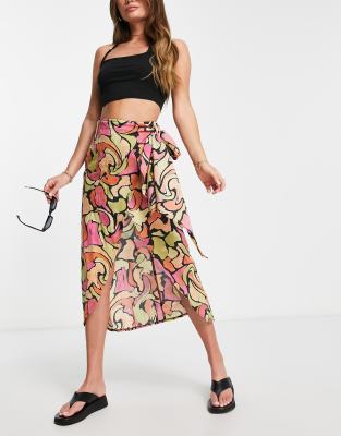 sarong wrap midi skirt in abstract print-Multi