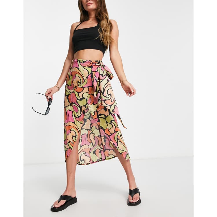 PRINT WRAP SKIRT in Coral Multi