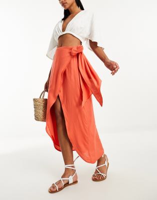 Asos Design Sarong Wrap Midi Skirt In Coral-orange