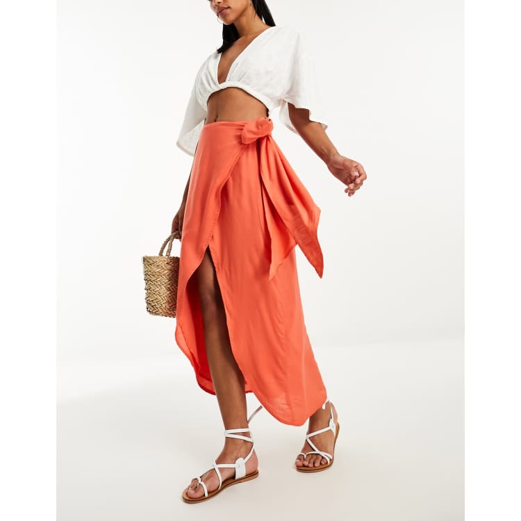 ASOS DESIGN sarong wrap midi skirt in coral ASOS