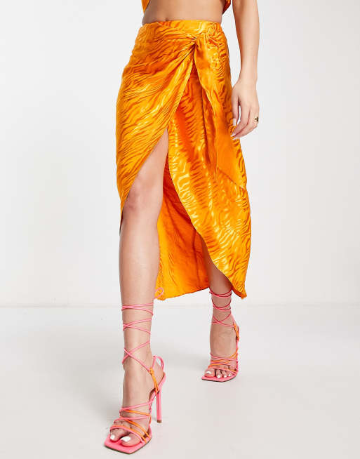 ASOS DESIGN Sarong Wrap Midi Skirt In Orange Satin Jacquard (part Of A Set)