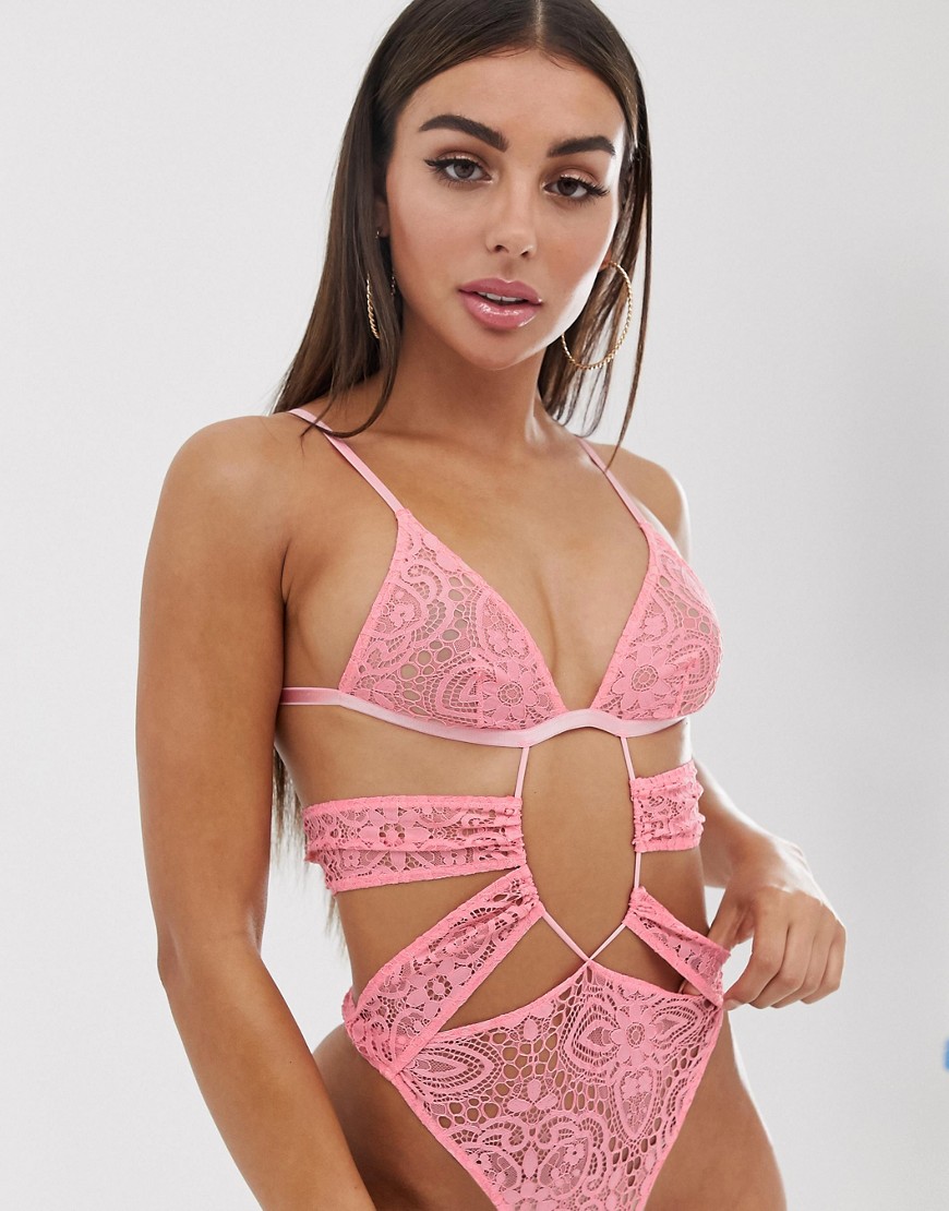 ASOS DESIGN Sasatya strappy lace body with keyhole detail-Pink