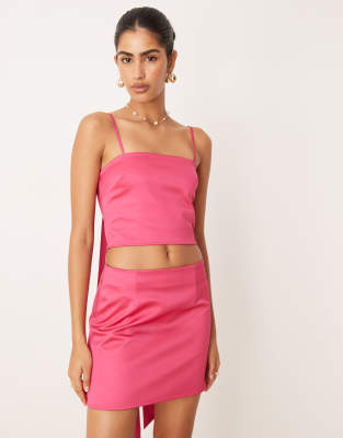 Asos Design Sash Detail Satin Cropped Cami Top In Pink