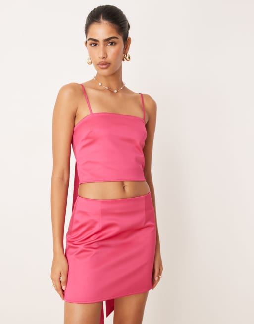 ASOS DESIGN sash detail satin cropped cami top in hot pink