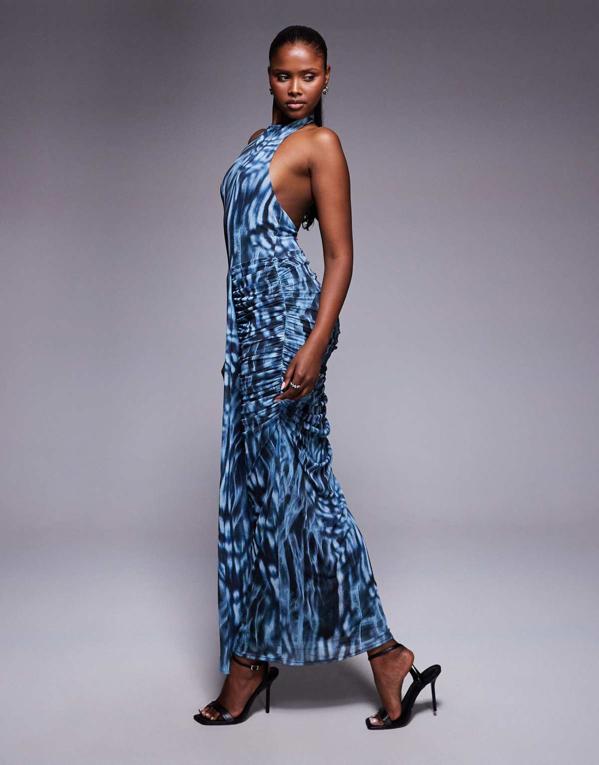 ASOS DESIGN sash front high neck sleeveless maxi dress in blue print