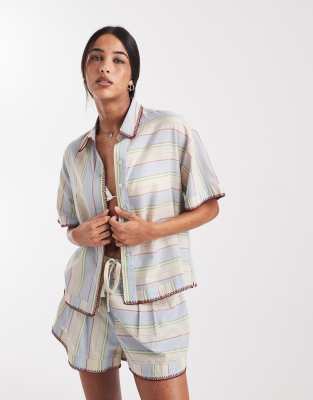 Asos Design Sasha Beach Resort Shirt With Stitch Detail In Gray
