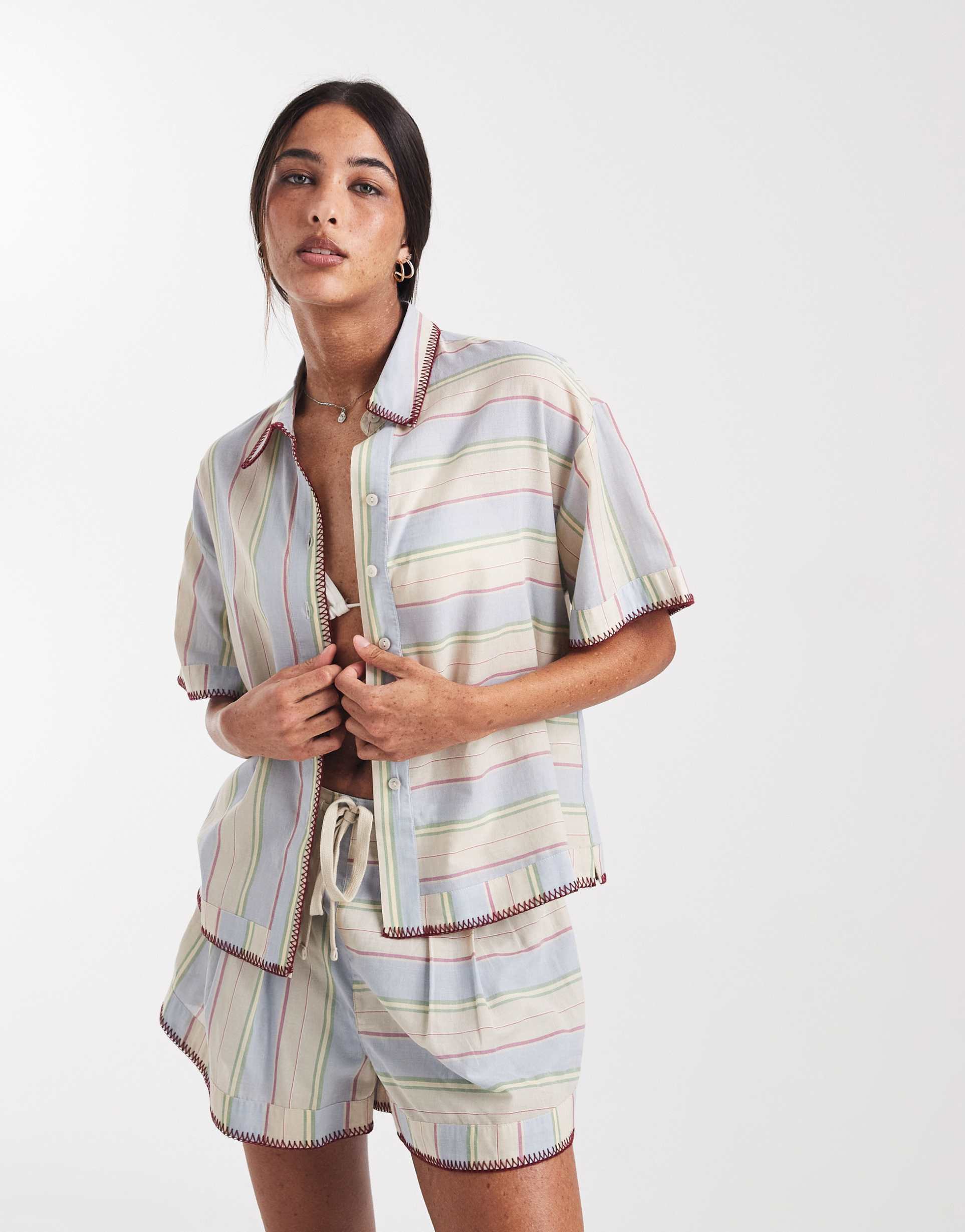 asos design sasha beach resort shirt with stitch detail in washed stripe - part of a set