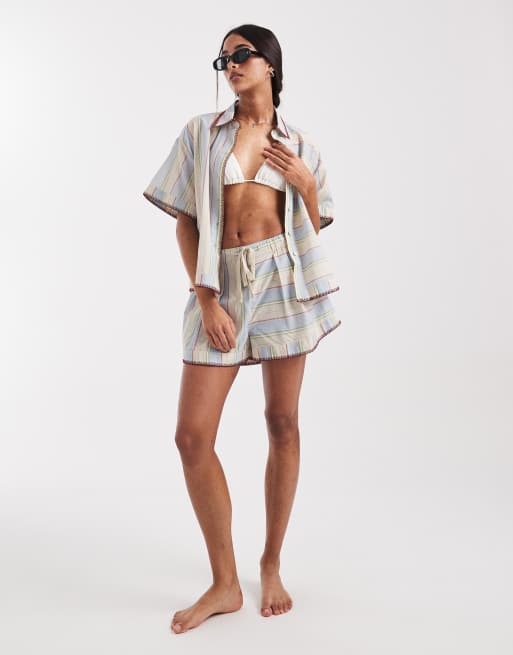 ASOS DESIGN - Sasha - Camicia resort da spiaggia a righe slavate con cuciture in coordinato