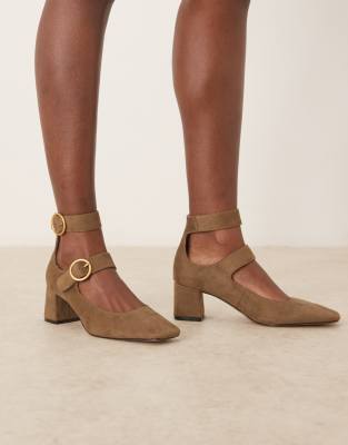 Sasha - Chaussures en suédine à talon carré avec double bride à boucle - Olive-Vert 42