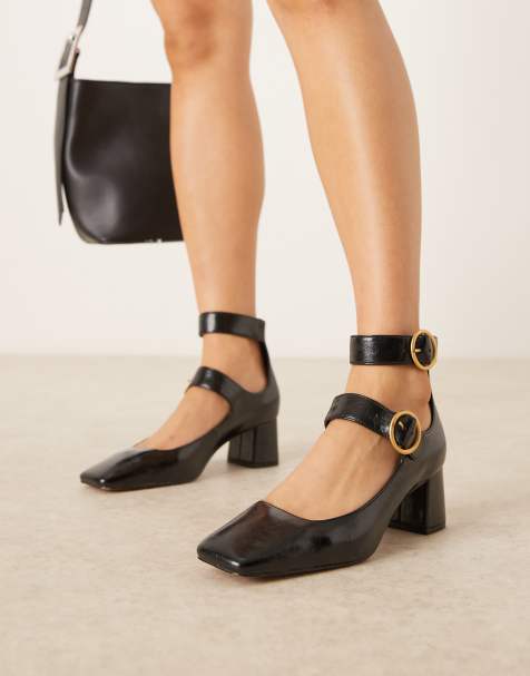 ASOS DESIGN Sasha double buckle strap mid block heel shoes in black - view 1