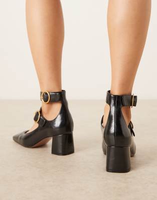Asos Design Sasha Double Buckle Strap Mid Block Heel Shoes In Black