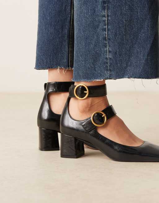 ASOS DESIGN Sasha double buckle strap mid block heel shoes in black, 2 of 4