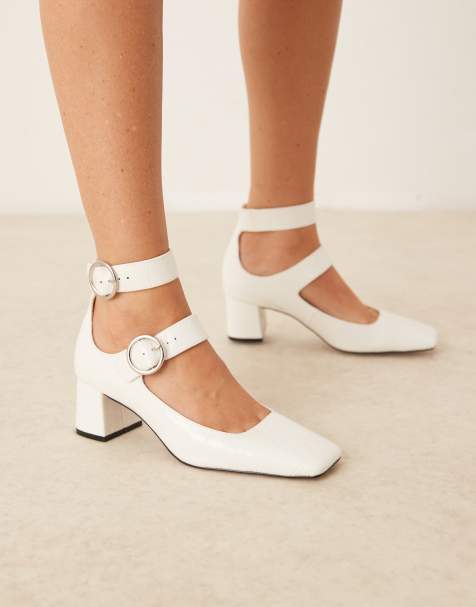 ASOS DESIGN Sasha double buckle strap mid block heel shoes in off white croc - view 1