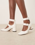[ASOS DESIGN] ASOS DESIGN Sasha double buckle strap mid block heel shoes in off white croc 35 Off white croc