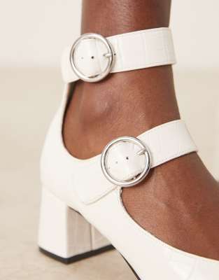 Asos Design Sasha Double Buckle Strap Mid Block Heel Shoes In White