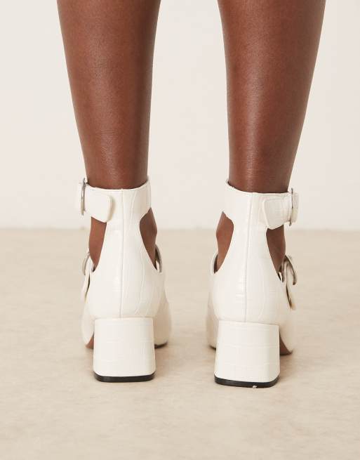 ASOS DESIGN Sasha double buckle strap mid block heel shoes in off white croc, 3 of 4
