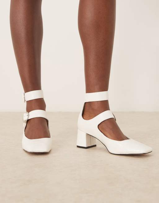 ASOS DESIGN Sasha double buckle strap mid block heel shoes in off white croc, 4 of 4