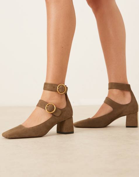 ASOS DESIGN Sasha double buckle strap mid block heel shoes in olive suedette - view 1
