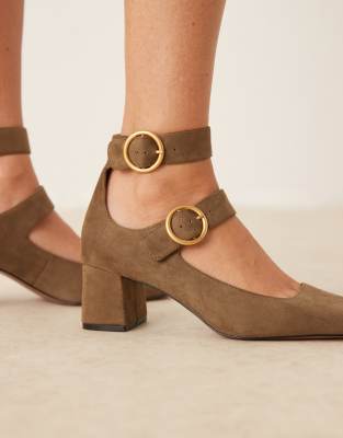 Asos Design Sasha Double Buckle Strap Mid Block Heel Shoes In Green