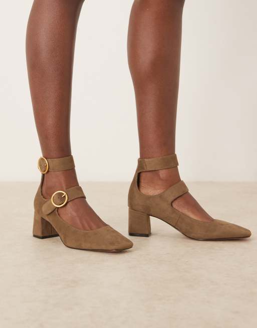 ASOS DESIGN – Sasha – Oliwkowe buty na obcasie klockowym z dwoma paskami z klamrami z imitacji zamszu
