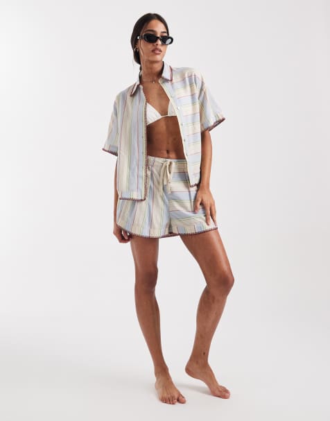 ASOS DESIGN – Sasha – Randiga, tvättade strandshorts med dekorativ söm, del av set - view 1