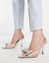 Public Desire Wide Fit Midnight Heeled Shoes with Rhinestone Bow Detail in Silver-Clear
