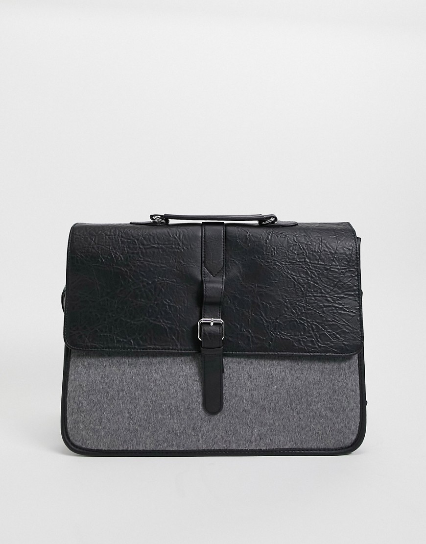 Asos Design Satchel In Black Faux Leather And Melton Panel