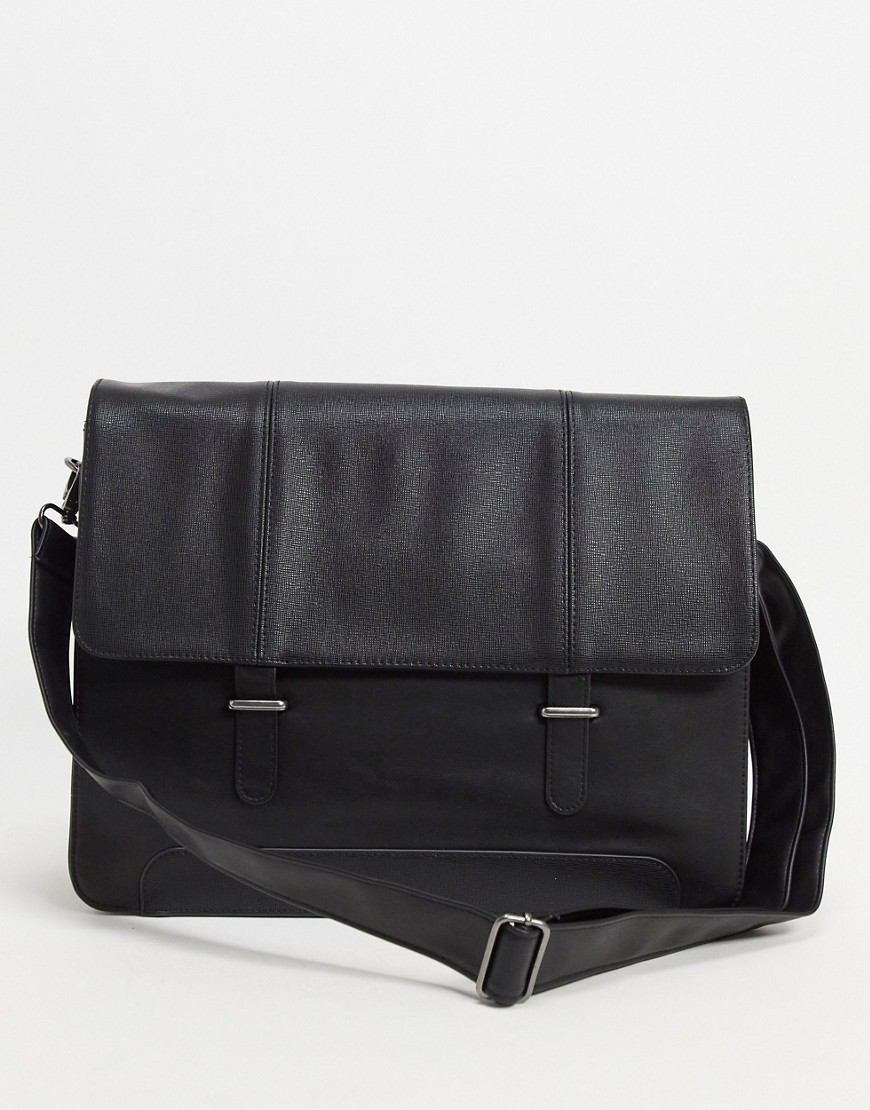 Asos Design Satchel In Black Faux Leather With Saffiano Emboss