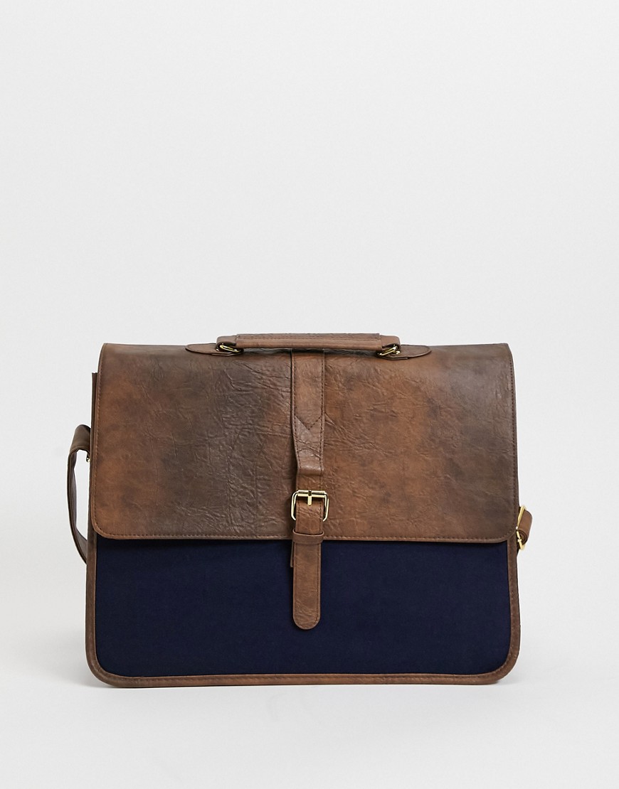Asos Design Satchel In Brown Faux Leather And Melton Panel