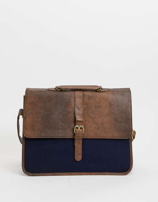 ASOS DESIGN satchel in brown faux leather and melton panel