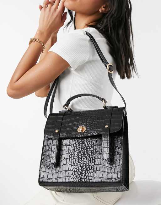 ASOS DESIGN - Satchel met draaisluiting in zwart croc