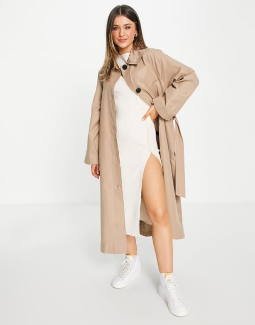 ASOS DESIGN sateen detail boyfriend trench coat in mocha