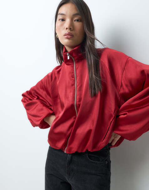 ASOS DESIGN sateen funnel neck track bomber jacket in red - view 1