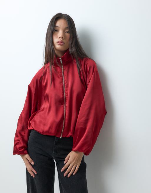 ASOS DESIGN sateen funnel neck track bomber jacket in red, 3 of 5