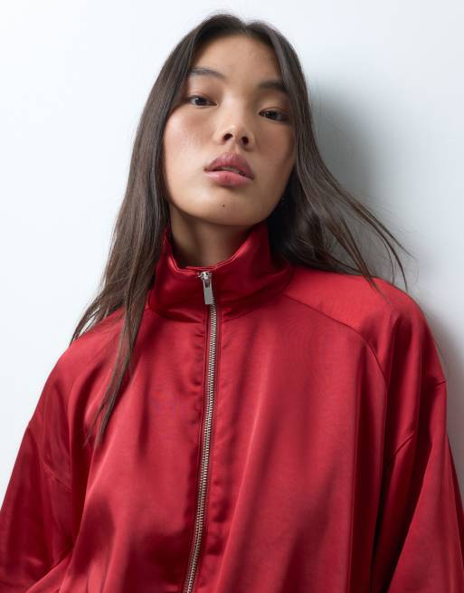 ASOS DESIGN sateen funnel neck track bomber jacket in red, 4 of 5
