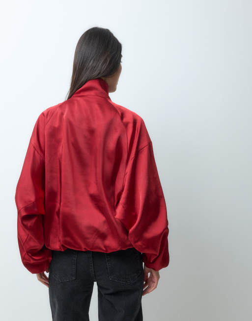 ASOS DESIGN sateen funnel neck track bomber jacket in red, 5 of 5
