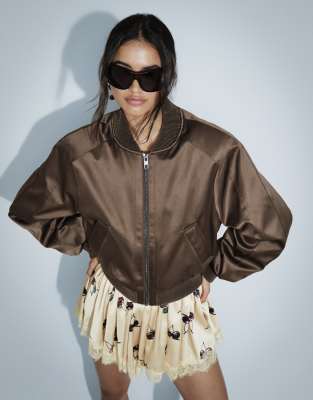Asos Design Sateen Look Bomber Jacket In Brown