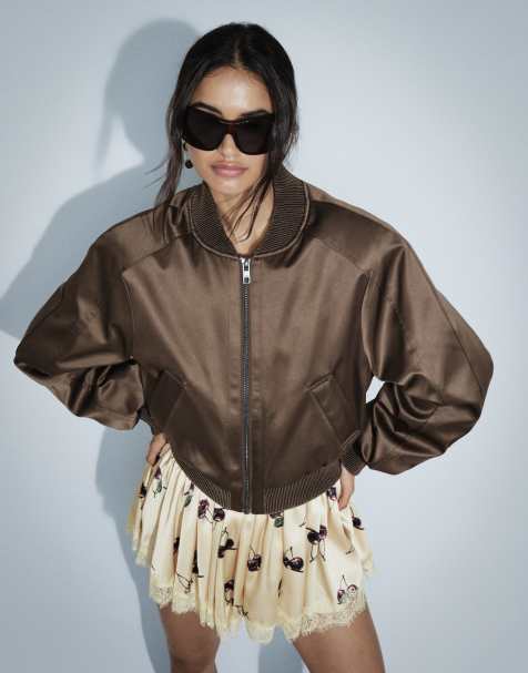 ASOS DESIGN sateen look bomber jacket in tobacco - view 1