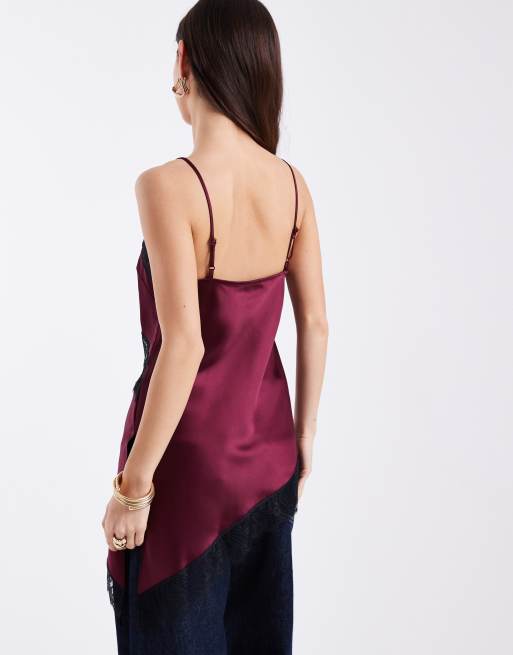 ASOS DESIGN - Satijnen asymmetrische cami top met kant in pruimpaars, 3 van 4