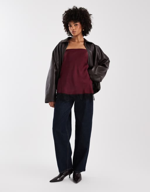 ASOS DESIGN - Satijnen bandeau-top met kanten rand in paars, 2 van 4