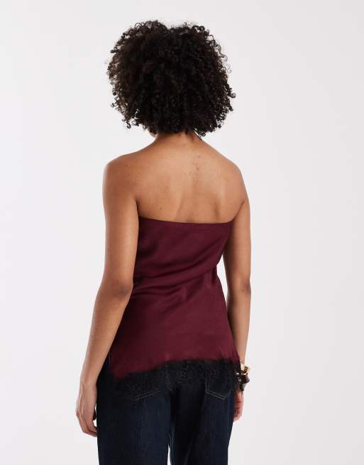 ASOS DESIGN - Satijnen bandeau-top met kanten rand in paars, 3 van 4