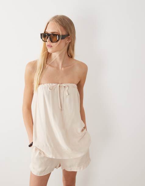 ASOS DESIGN - Satijnen bandeau-top met rimpeleffect in ecru, deel van co-ord set - view 1
