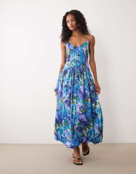 ASOS DESIGN satijnen bias shift midi-jurk met bubbelzoom in blauwe bloemenprint - view 1