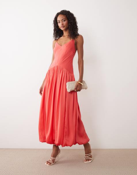 ASOS DESIGN satijnen bias shift midi-jurk met bubbelzoom in koraal - view 1