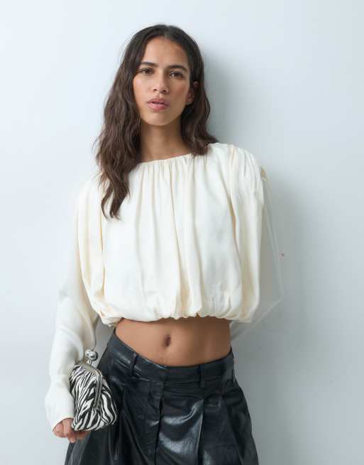 ASOS DESIGN satijnen blouse met lange mouwen en bubbelzoom in ivoorwit, 5 van 5